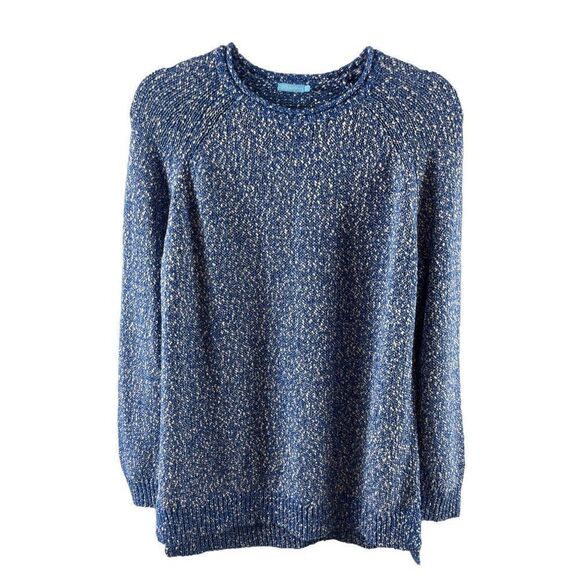 J. McLaughlin Textured Marled Split Hem Pullover Crewneck Sweater Large Blue - Picture 1 of 8